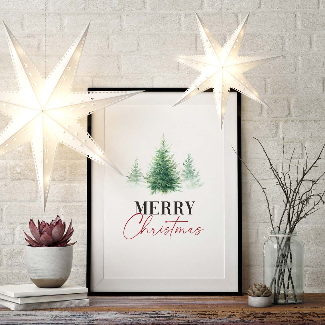 Merry Christmas Watercolor Pine Trees Red Script Holiday Poster - Image 3