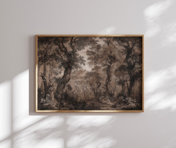 Dark Moody Forest Gnarled Trees Sepia Woodland Landscape Painting Poster
