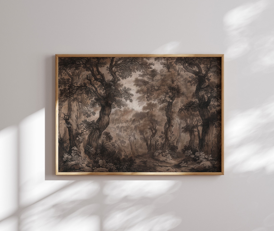 Dark Moody Forest Gnarled Trees Sepia Woodland Landscape Painting Poster