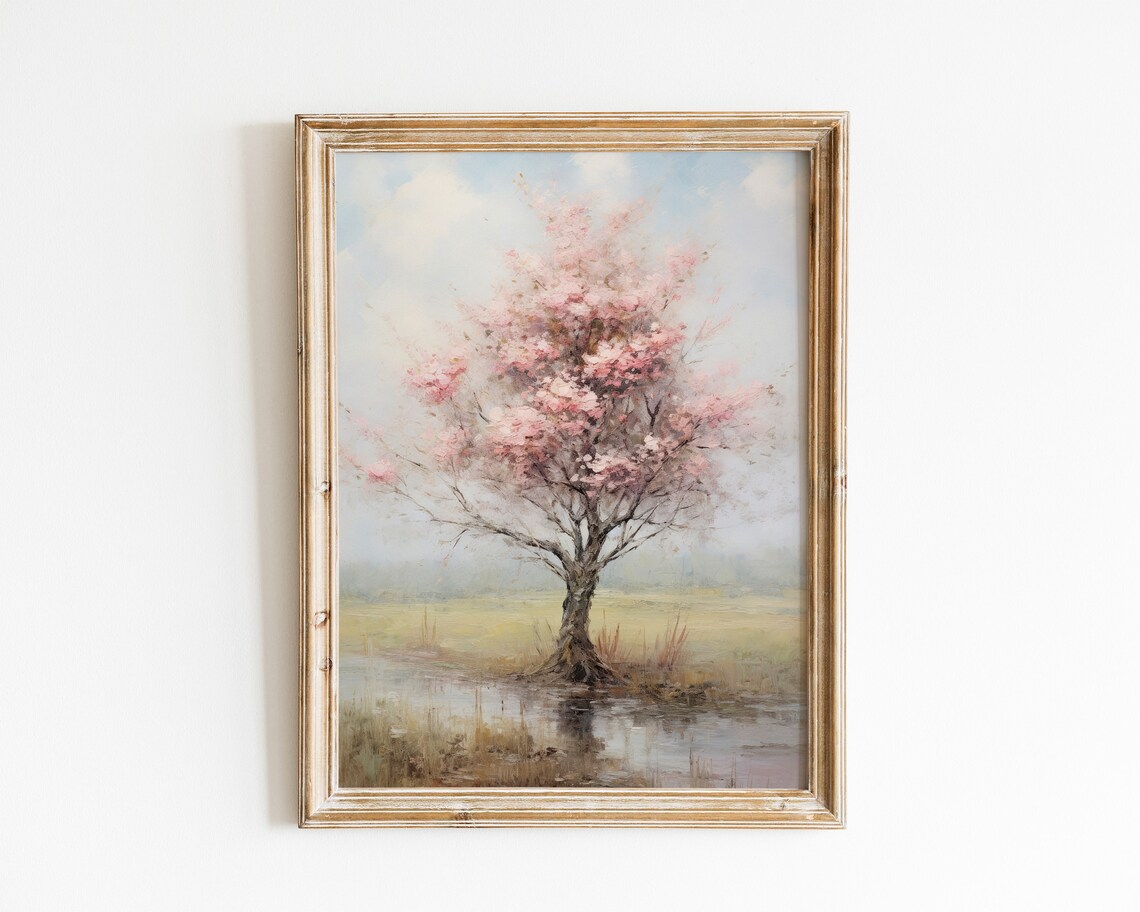 Spring Landscape Painting, Vintage Blossom Tree Art Print
