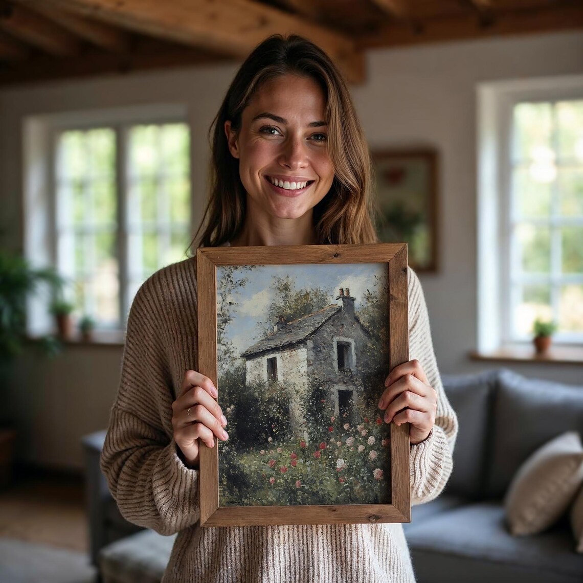 Rustic Stone Cottage Rose Garden Slate Roof Country Farmhouse Poster - Image 5
