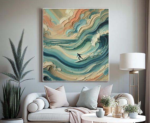 Surfer Oil Painting Print Ocean Wave Wall Art Coastal Surf Decor