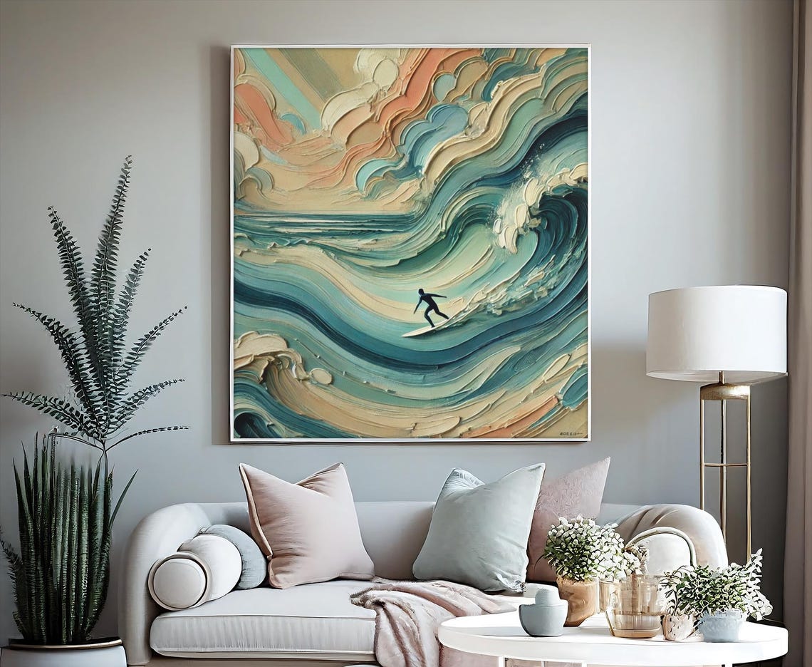 Surfer Oil Painting Print Ocean Wave Wall Art Coastal Surf Decor
