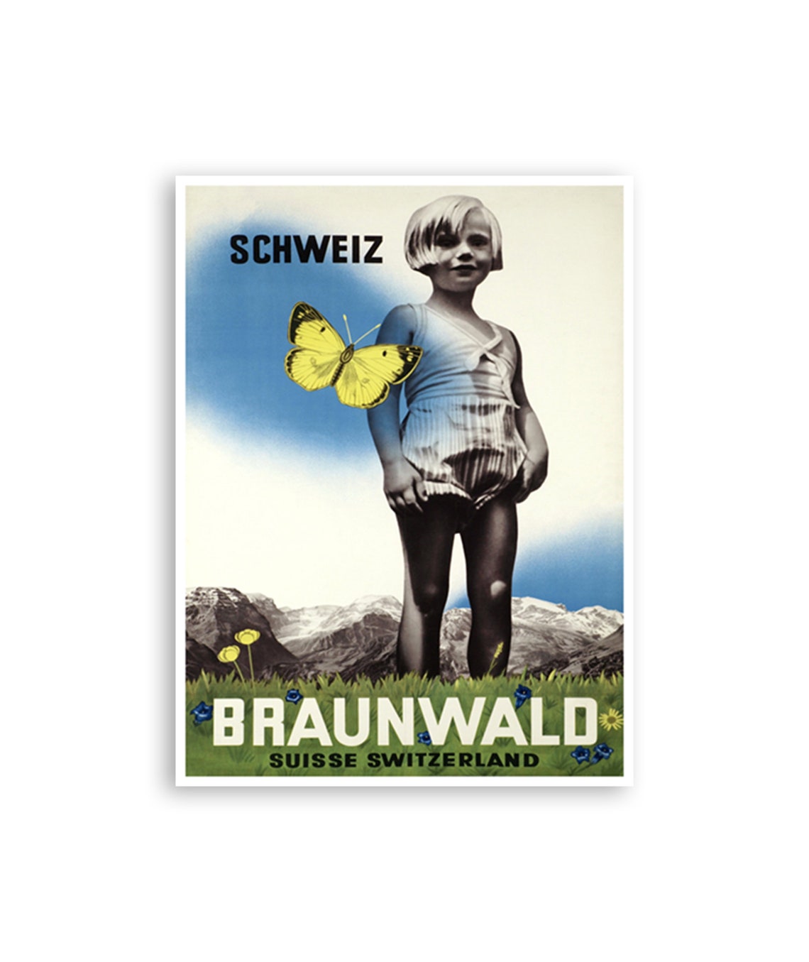 Braunwald Switzerland Alpine Child Butterfly Vintage Travel Poster