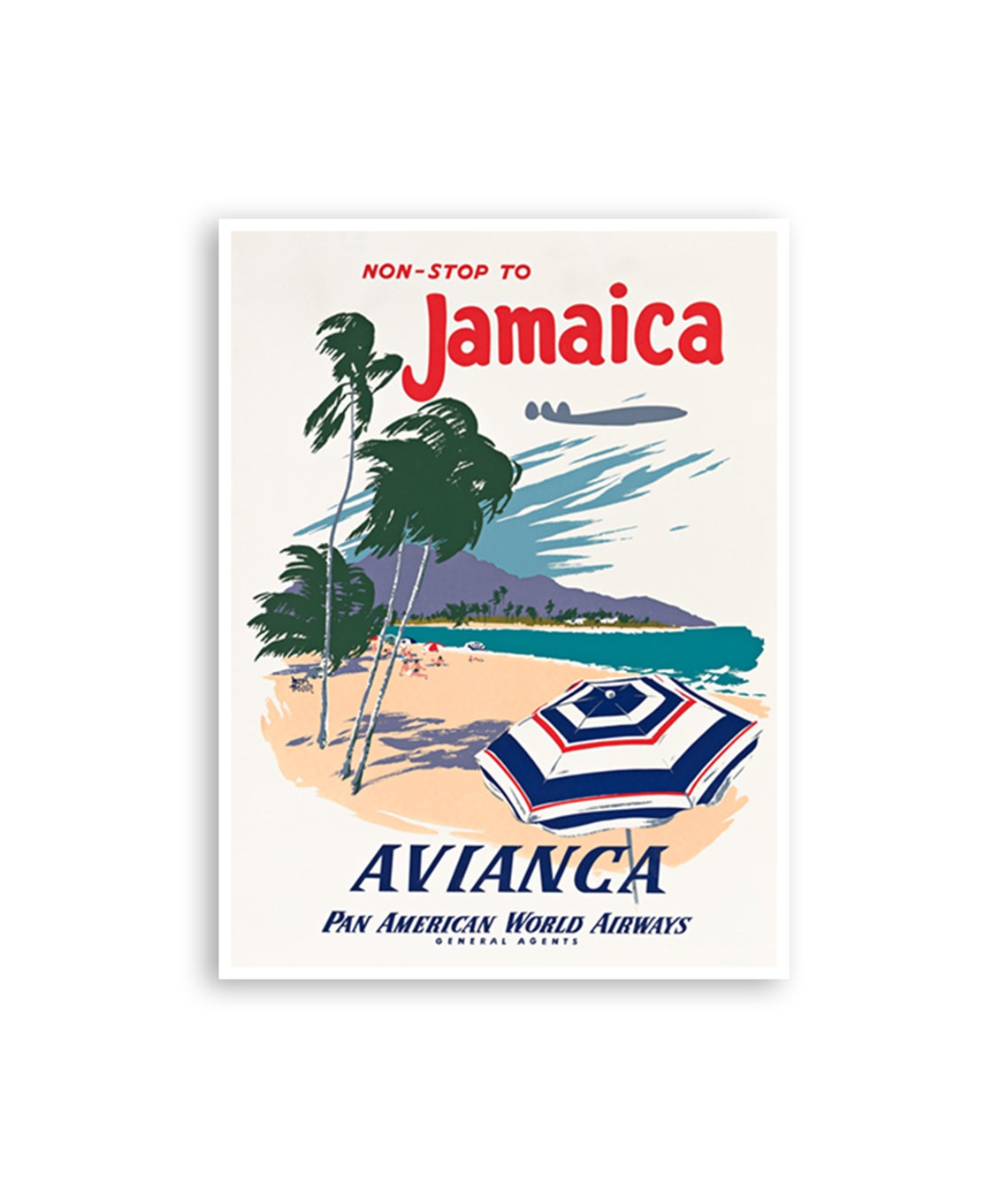 Non Stop to Jamaica Avianca Beach Palm Trees Tropical Travel Poster