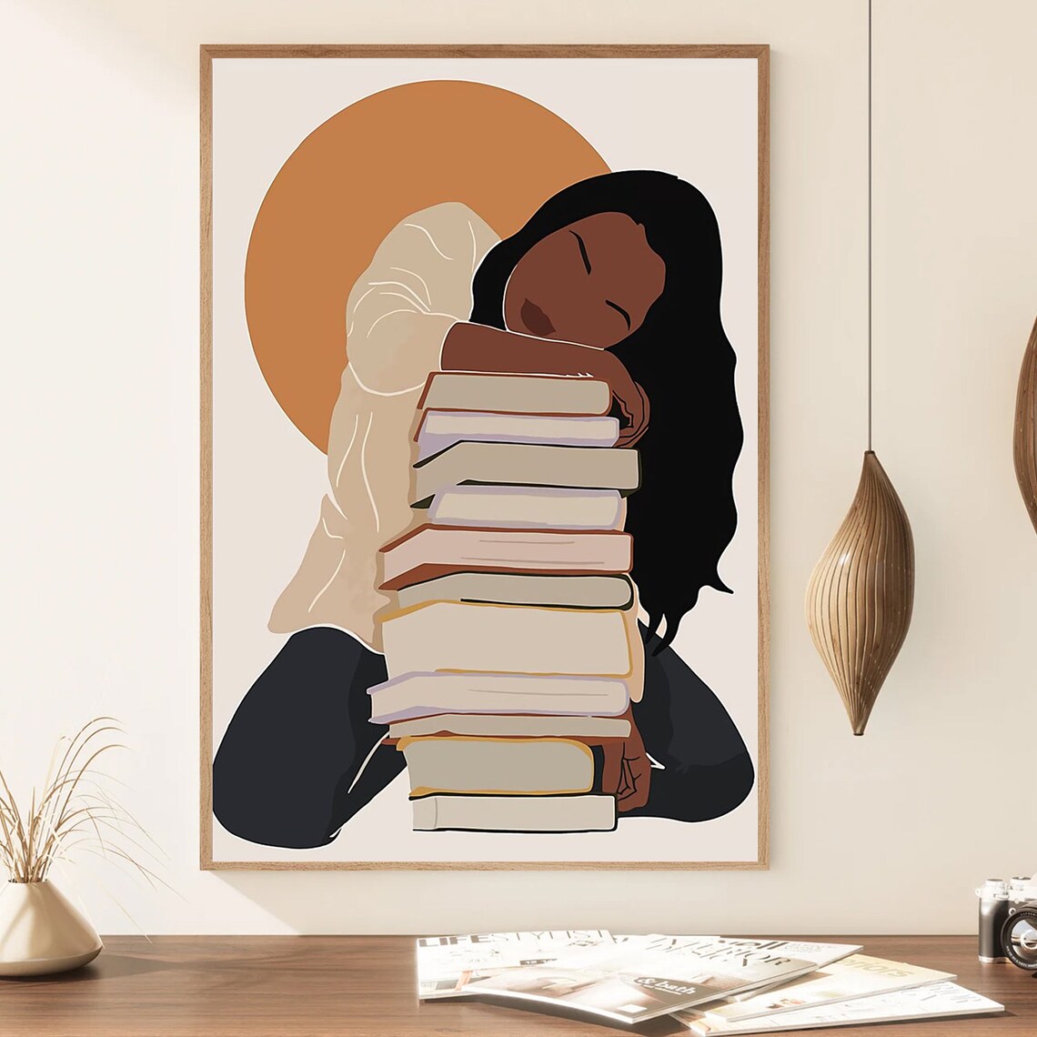 Book Lover Black Woman Hugging Stack Of Books Reading Art Poster - Image 3