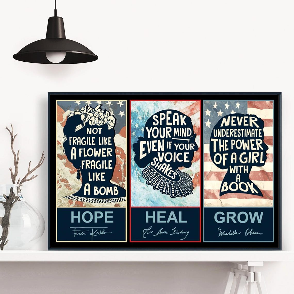 Hope Heal Grow Three Panel Frida Kahlo RBG Michelle Obama Poster - Image 3