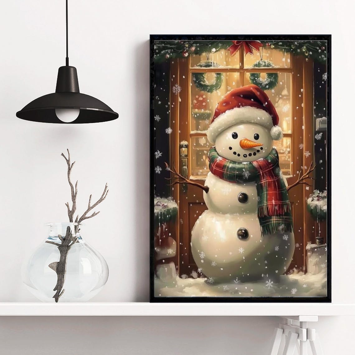 Cheerful Snowman in Red Hat Outside a Snowy Window Scene Poster - Image 3