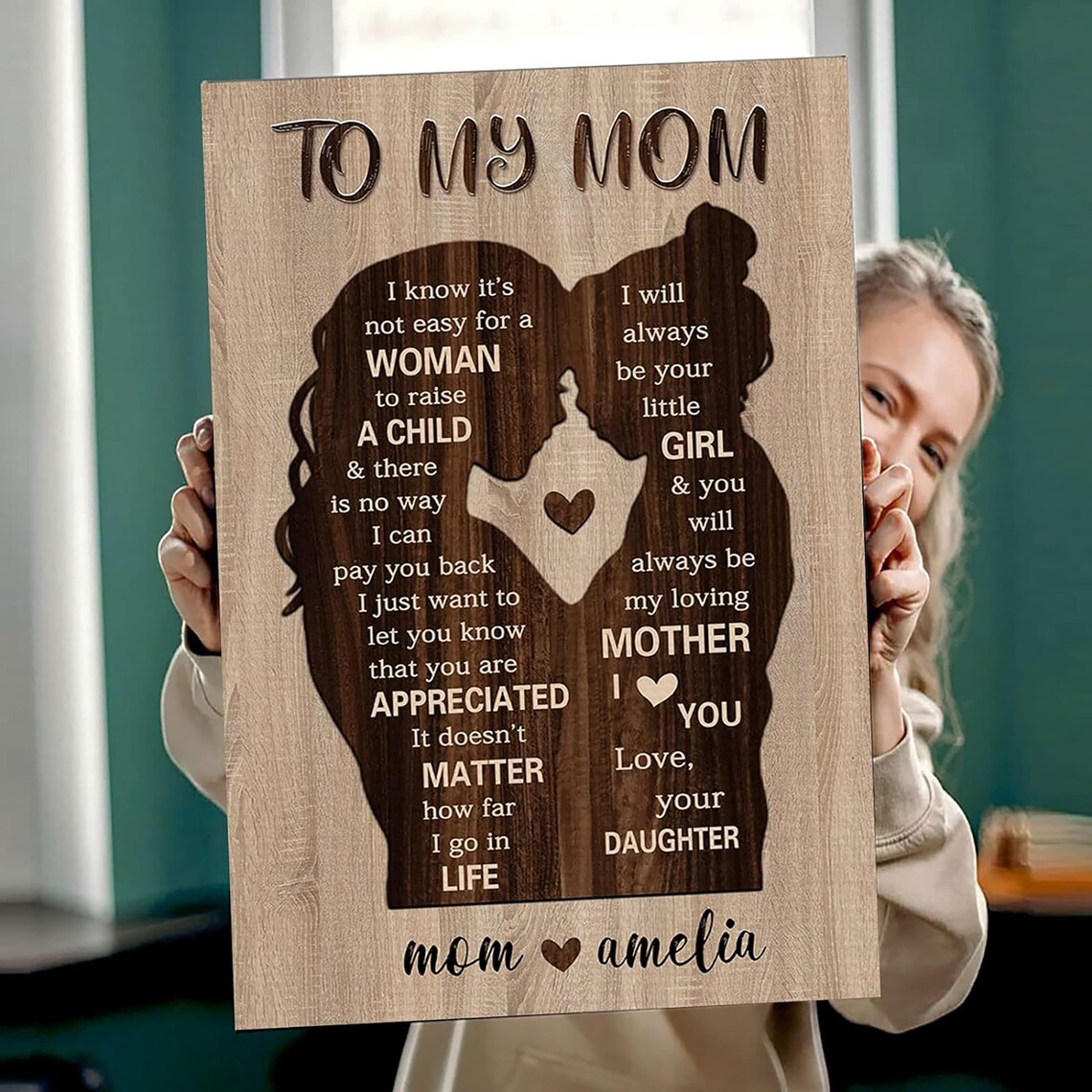 To My Mom Daughter Silhouette Heart Wooden Tribute Canvas Poster - Image 4