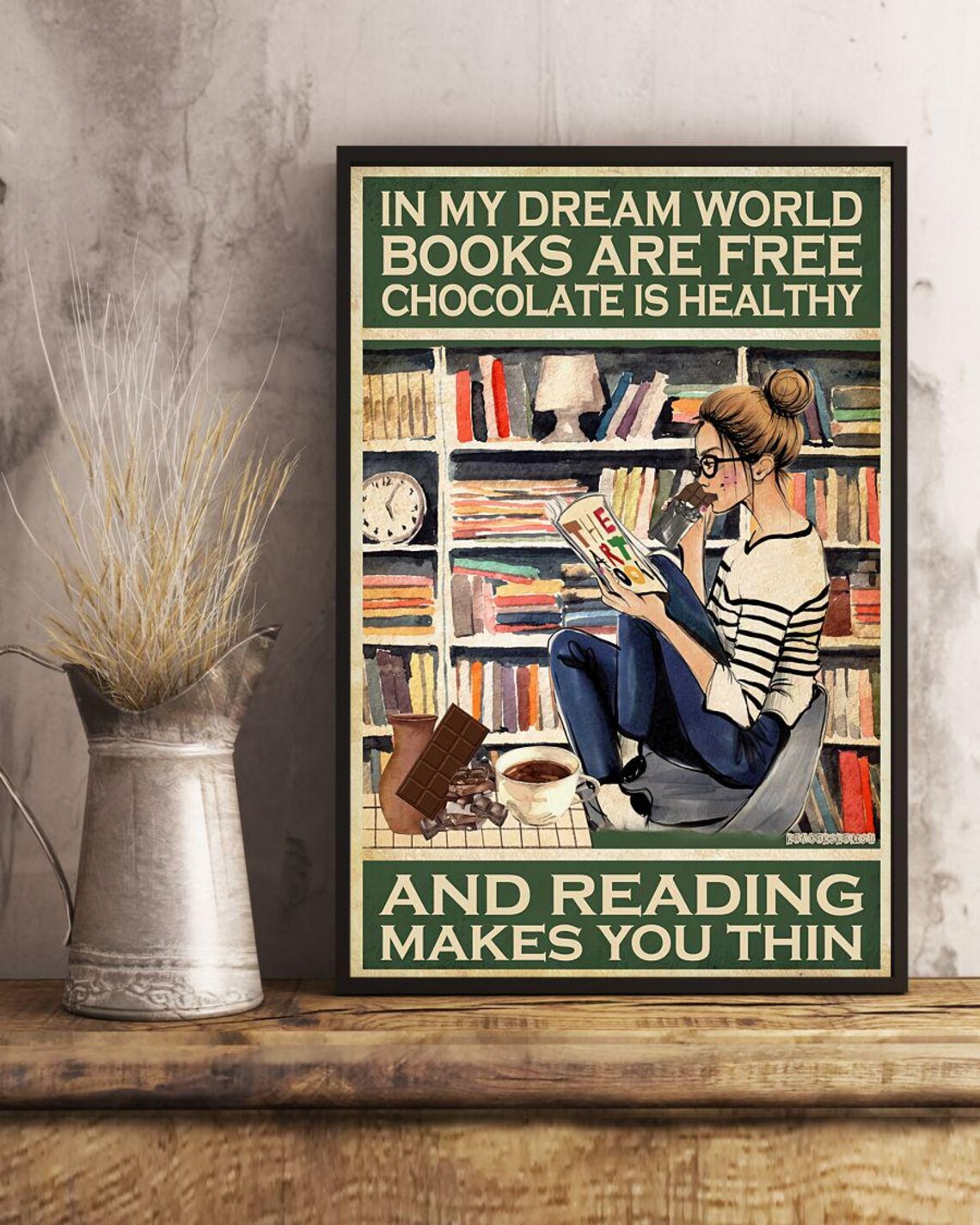 In My Dream World Books Are Free Reading Girl Vintage Quote Poster - Image 3