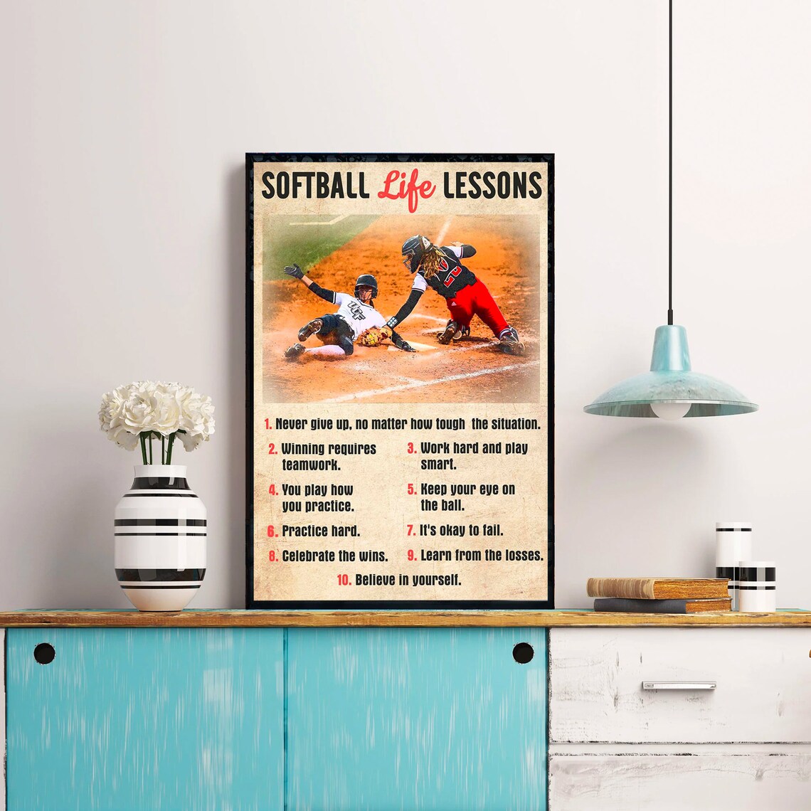 Softball Life Lessons Vintage Action Slide Ten Lessons Sports Poster - Image 3
