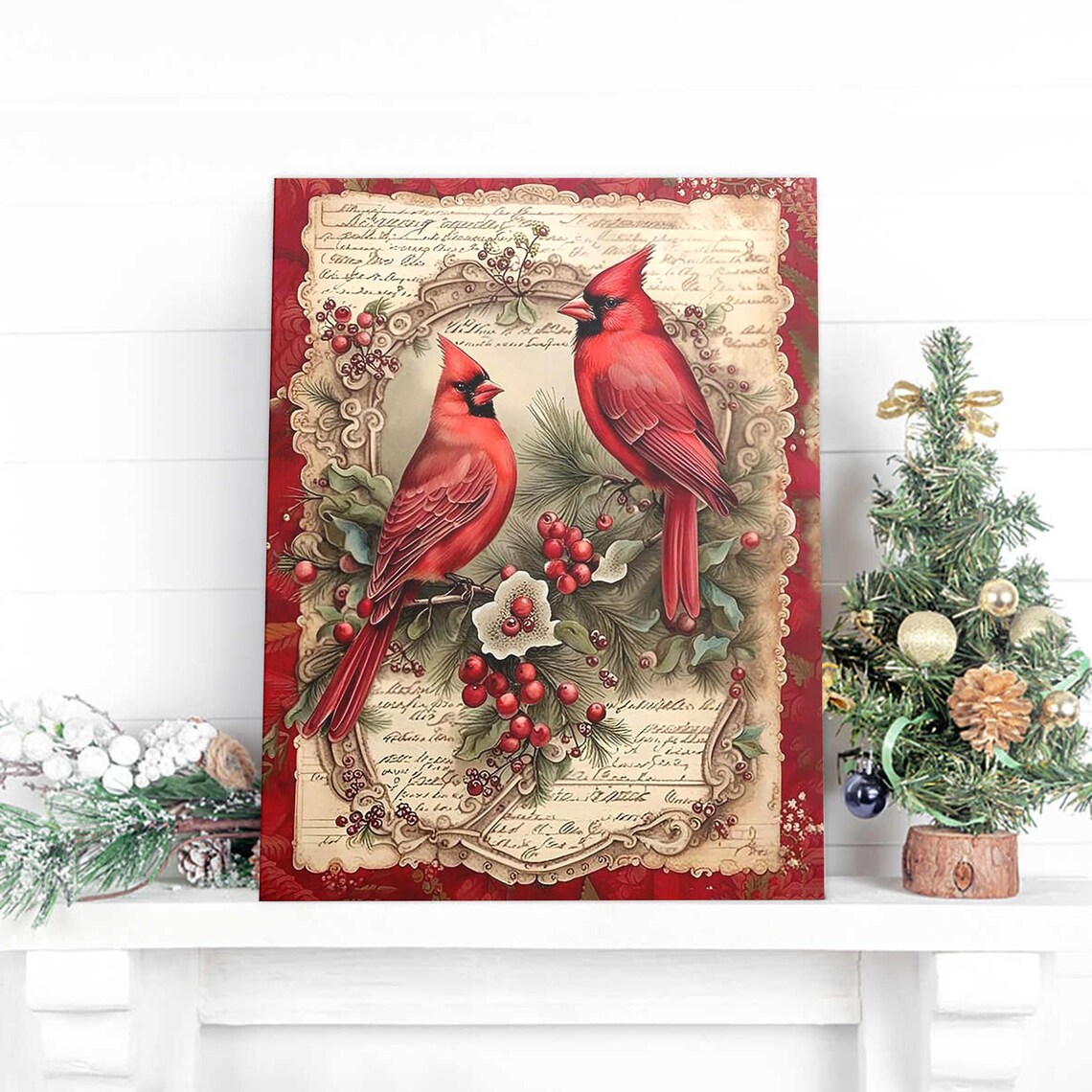 Pair of Red Cardinals on a Berry Branch Vintage Script Art Poster - Image 4