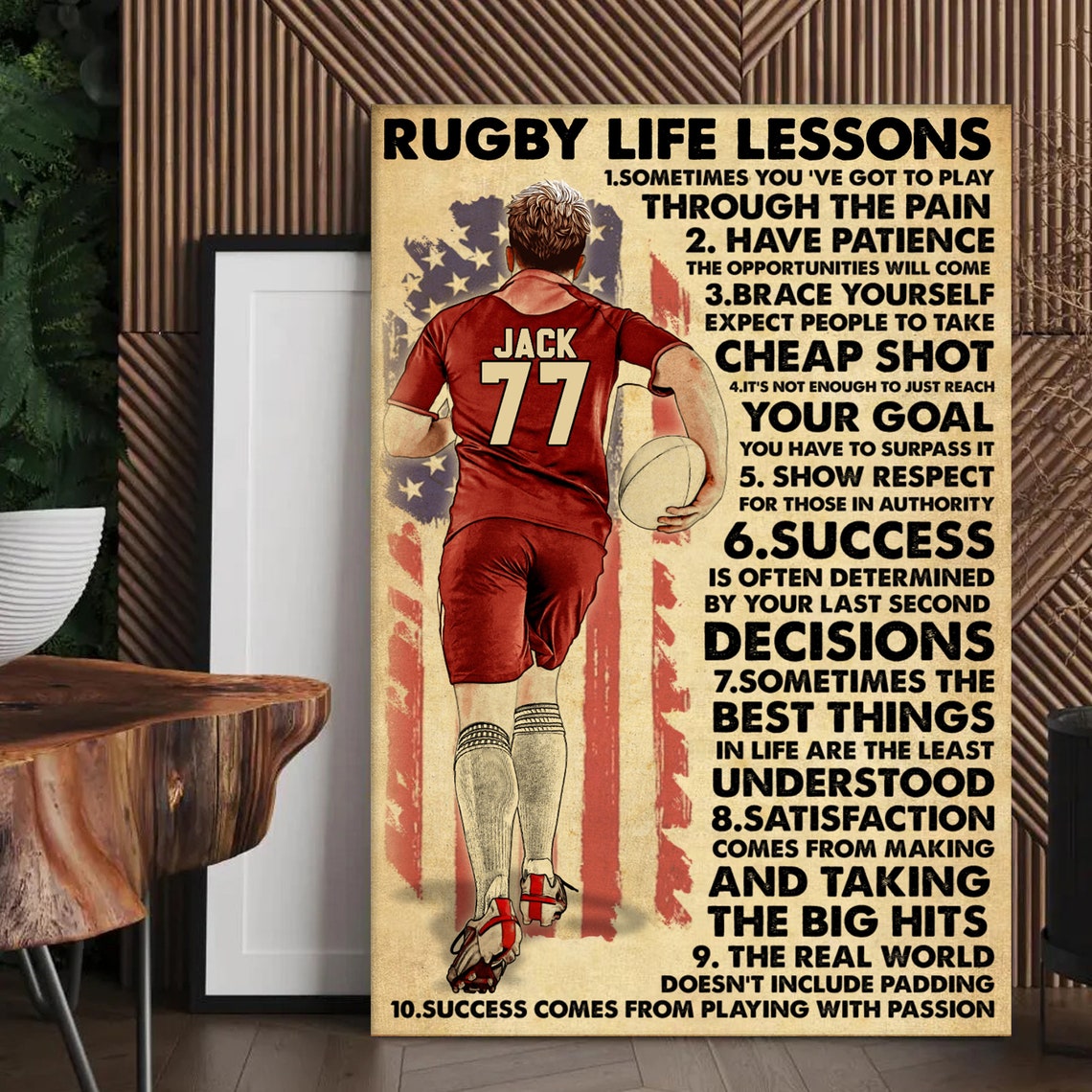 Rugby Life Lessons 10 Rules Vintage Player American Flag Poster - Image 3