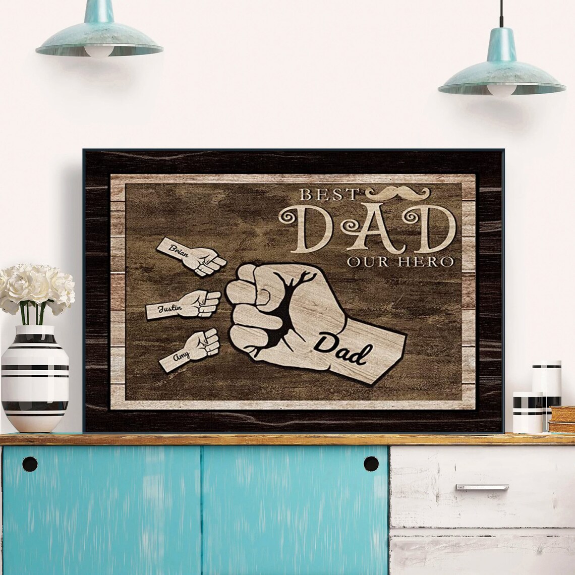 Best Dad Our Hero Rustic Wooden Fist Bump Sign Father Poster - Image 4