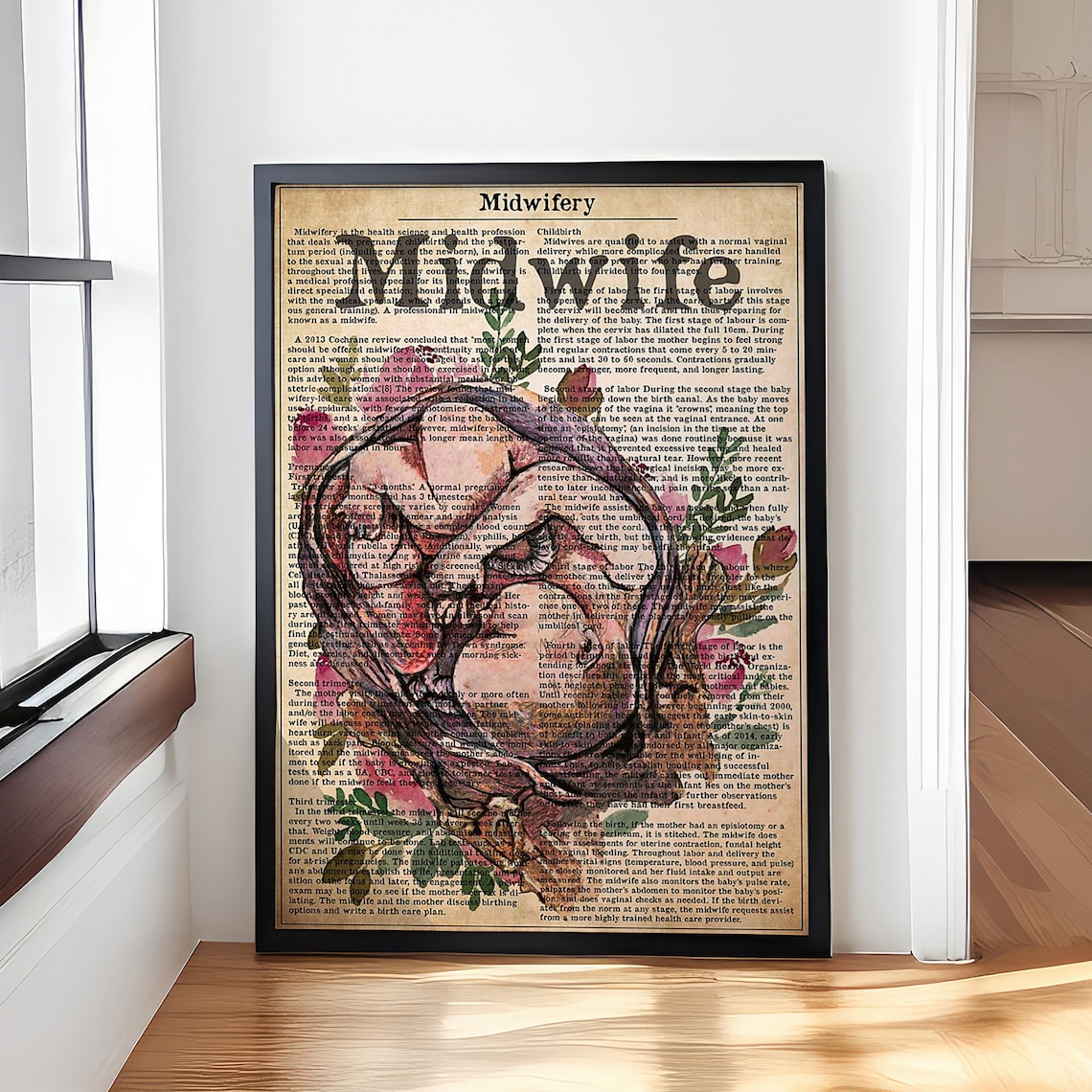 Midwifery Pregnant Woman Floral Anatomy Dictionary Art Poster
