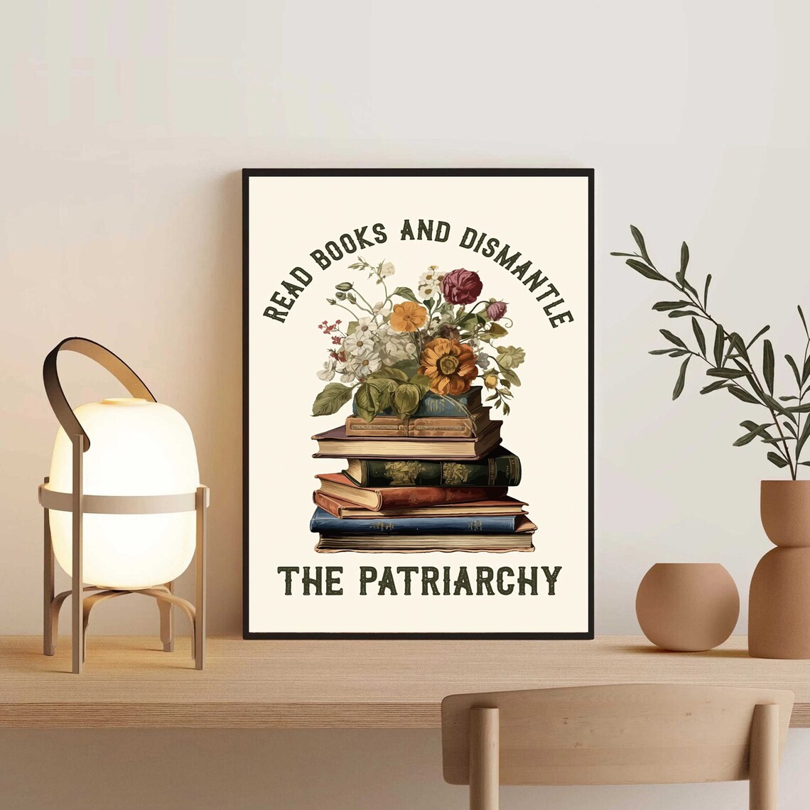 Read Books And Dismantle The Patriarchy Floral Book Stack Poster - Image 3