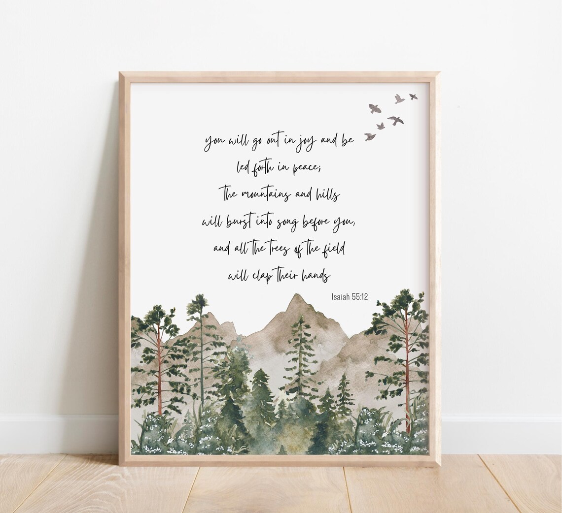 Isaiah 55 12 Bible Verse Watercolor Mountains Trees Quote Poster