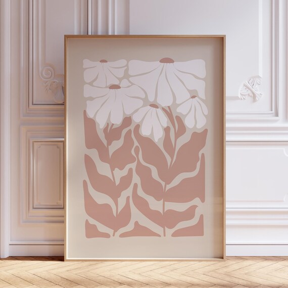 White Daisy Stylized Flowers Taupe Stems Neutral Boho Art Poster