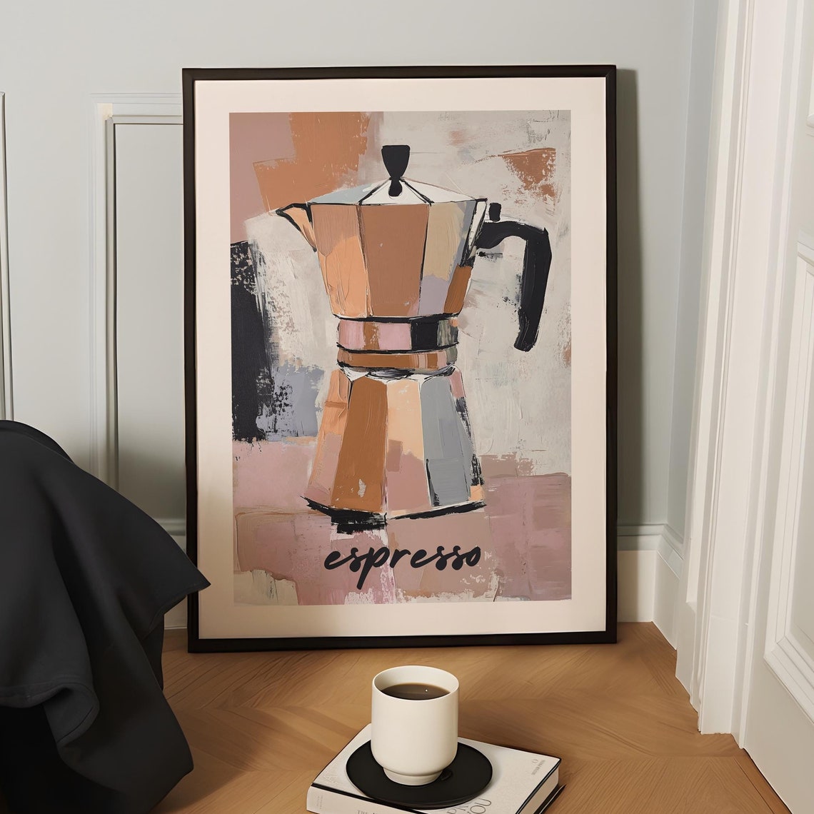 Neutral Espresso Moka Pot Abstract Coffee Painting Kitchen Poster