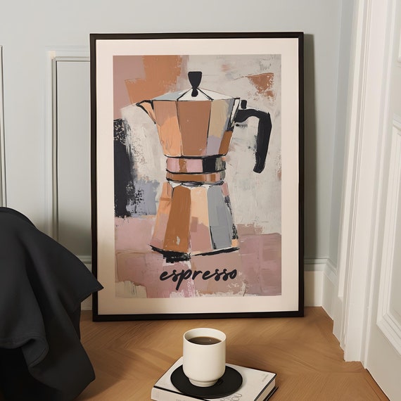 Moka Pot Art Coffee Art Espresso Wall Art Neutral Kitchen Painting Brown Kitchen Prints Coffee Poster Colorful Kitchen Print