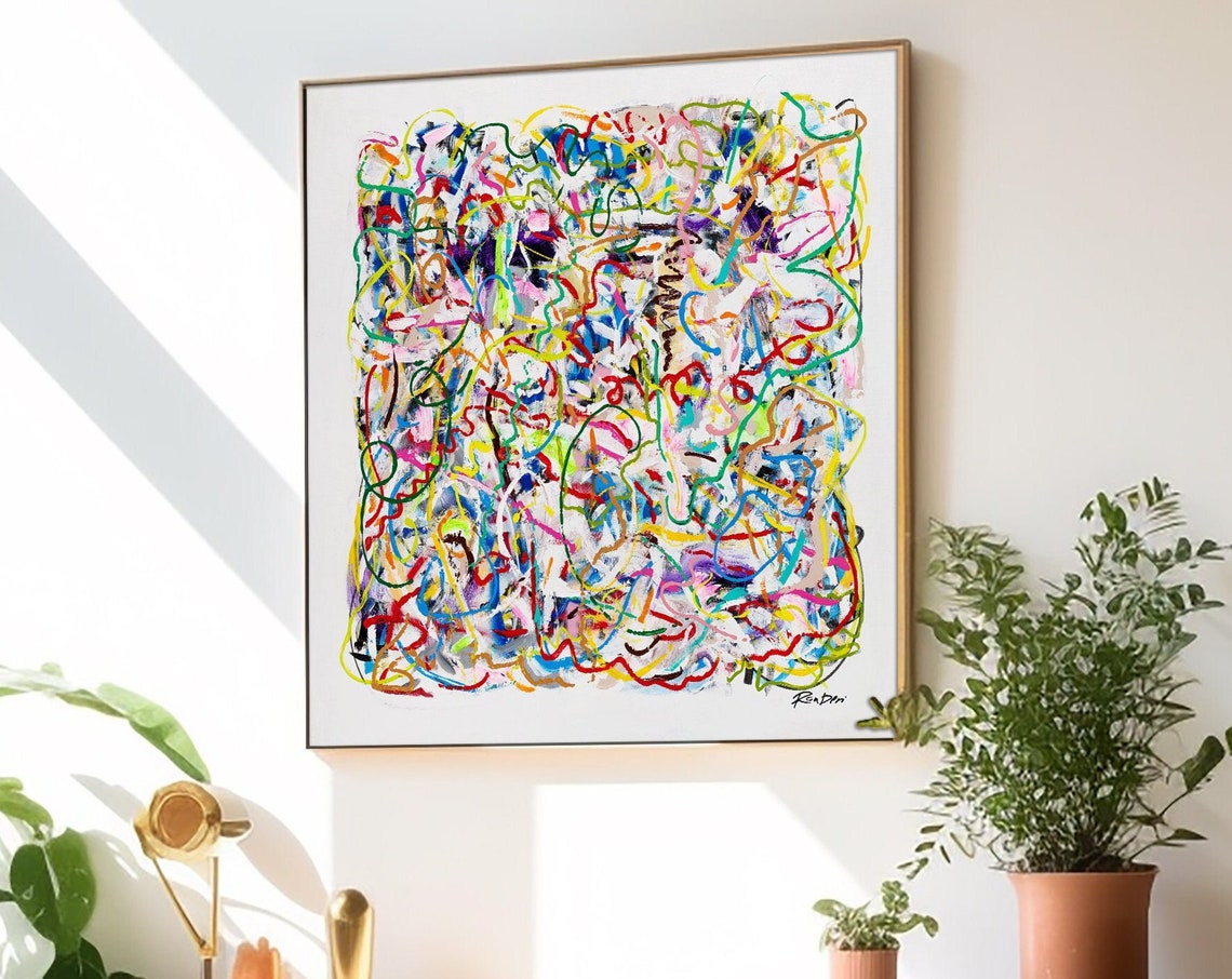 Dense Multicolor Scribble Lines Over White Modern Abstract Poster