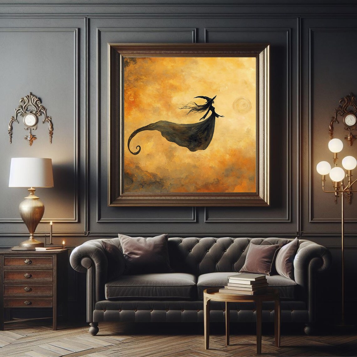 Flying Witch Silhouette Golden Amber Sky Dark Fantasy Art Poster