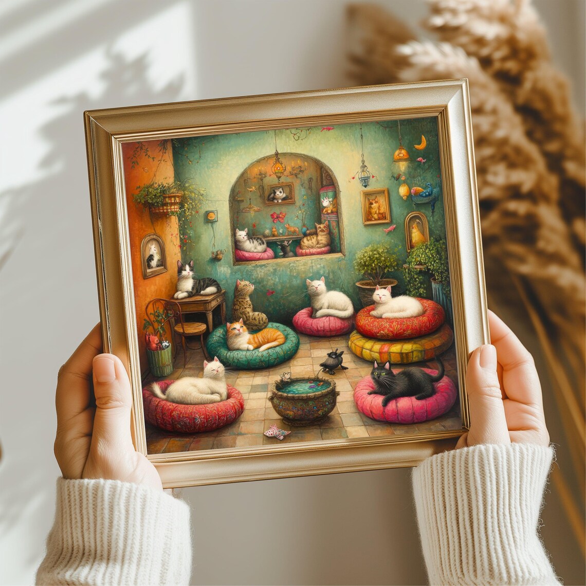 Cozy Cats Lounging Colorful Cushions Bohemian Cat Room Art Poster - Image 2