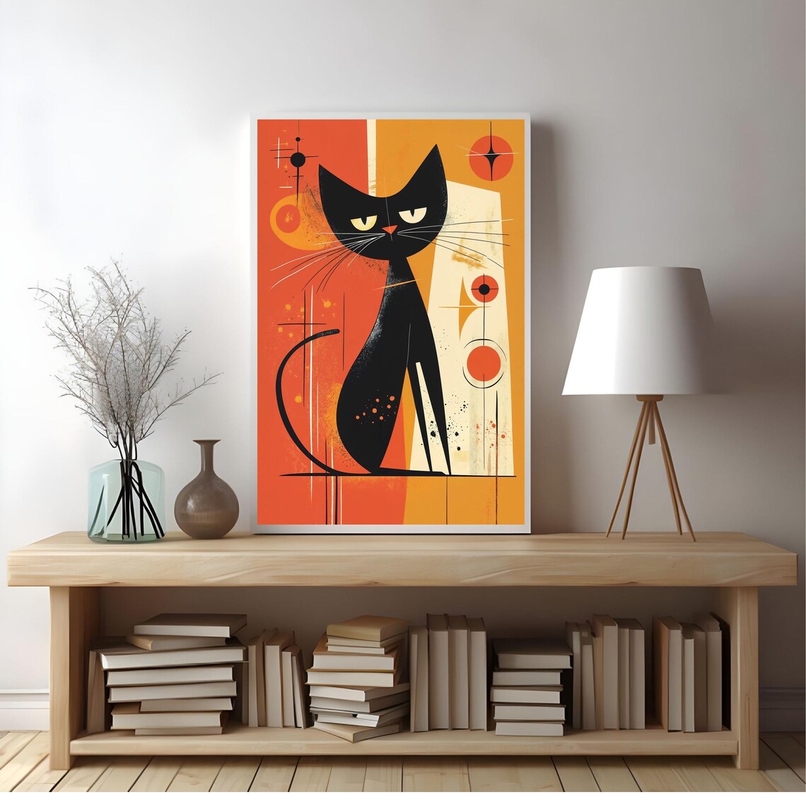 Midcentury Atomic Black Cat Orange Retro 1960s Style Modern Cat Poster