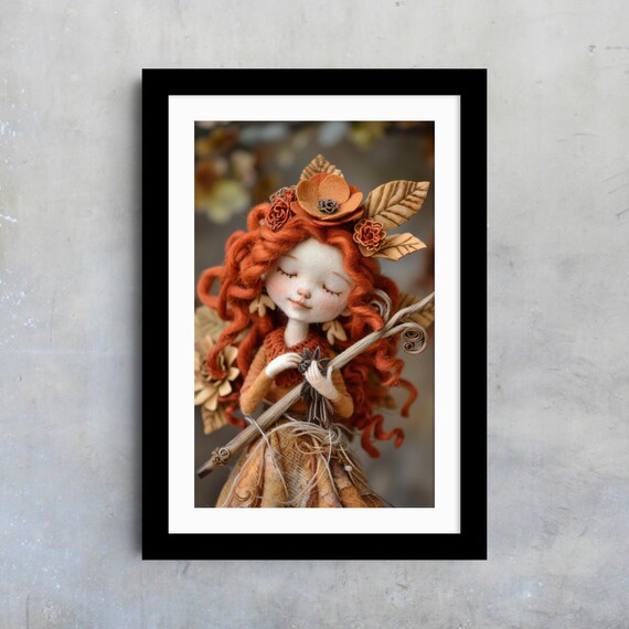 Autumn Fairy Redhead Doll Girl Leaves Hair Twig Staff Whimsical Art Print