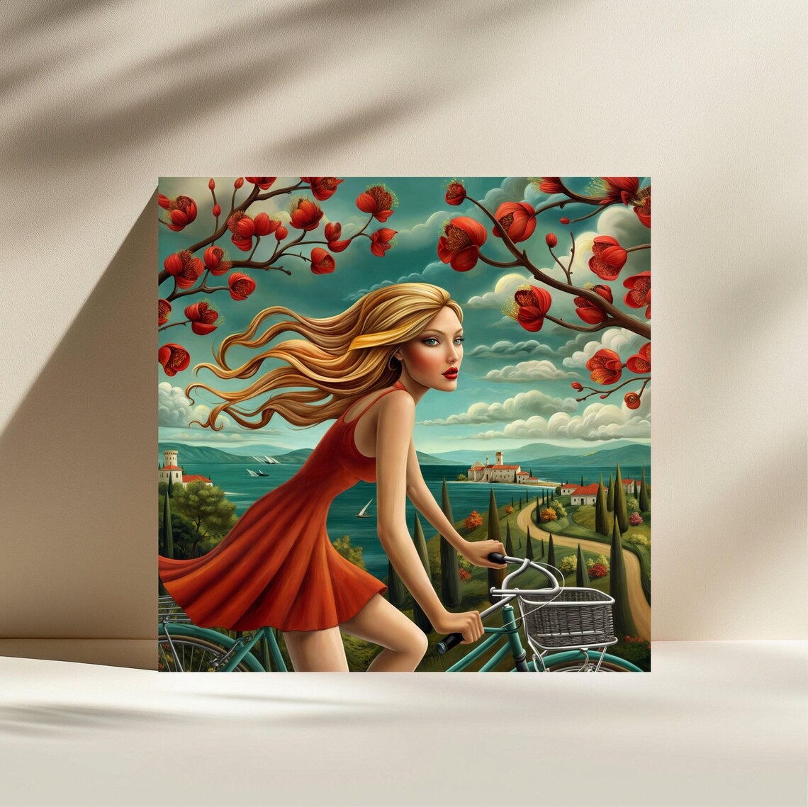 Blonde Woman In Red Dress Cycling Coastal Town Blossoms Surreal Travel Poster - Image 3