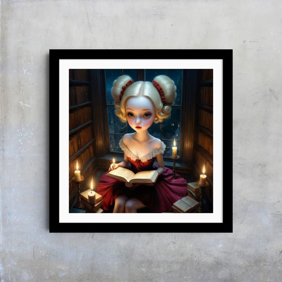 Gothic Vintage Girl Reading Candlelit Library Scene Dark Academia Aesthetic Victorian Era Wall Art Whimsical Home Decor