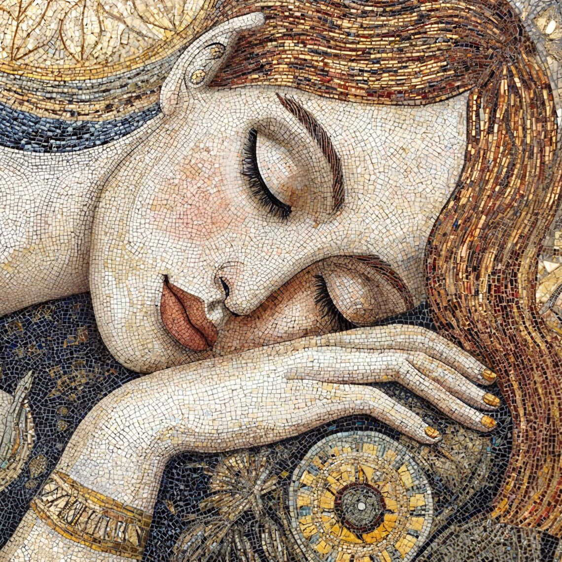 Mosaic Sleeping Woman Golden Jewelry Warm Tones Art Deco Style Wall Poster - Image 3