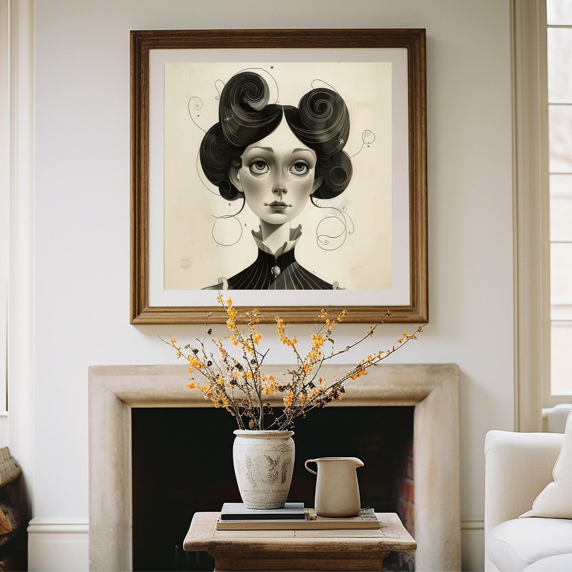 Victorian Woman Portrait Black And White Swirled Hair Freckles Art Poster - Image 2