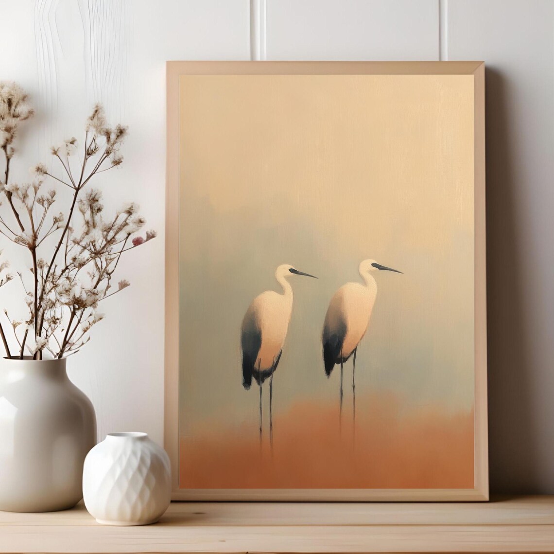 Two White Herons Misty Water Minimalist Warm Beige Nature Art Poster - Image 2