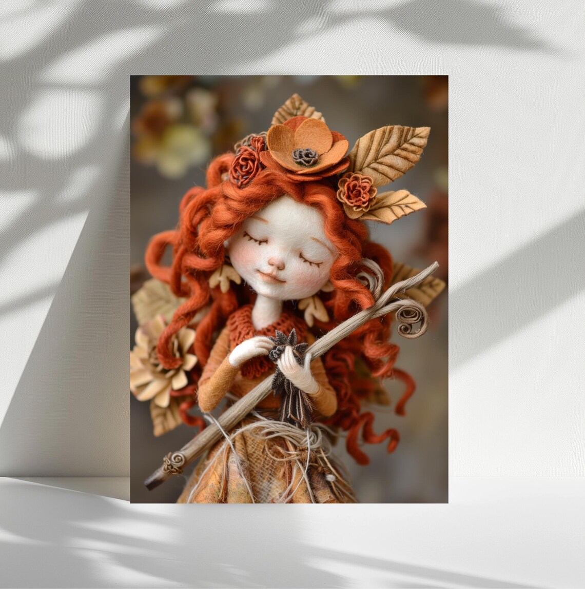 Autumn Fairy Redhead Doll Girl Leaves Hair Twig Staff Whimsical Art Print - Image 3