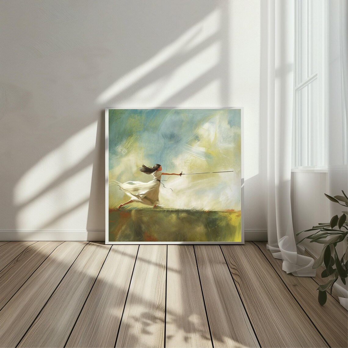 Empowered Swordswoman White Gown Epic Sky Female Strength Art Poster