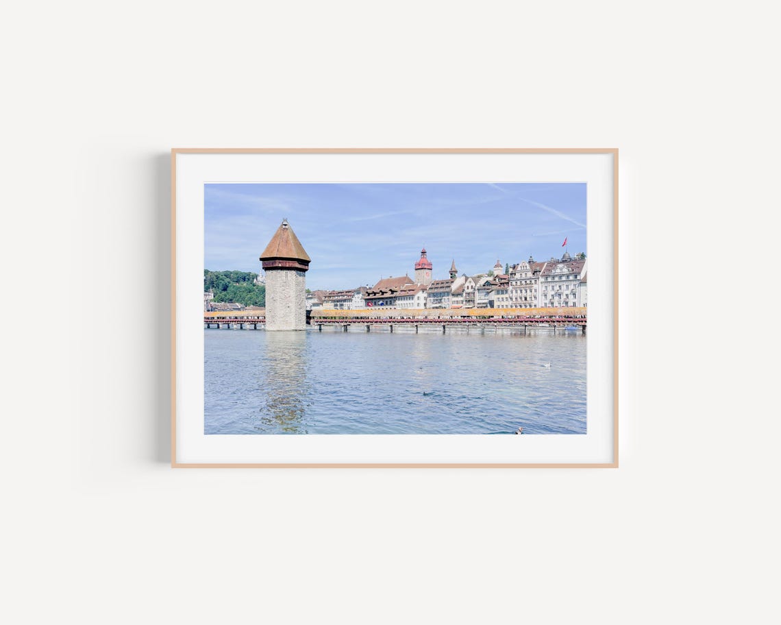 Lucerne Switzerland Poster of Chapel Bridge and Water Tower Lake View