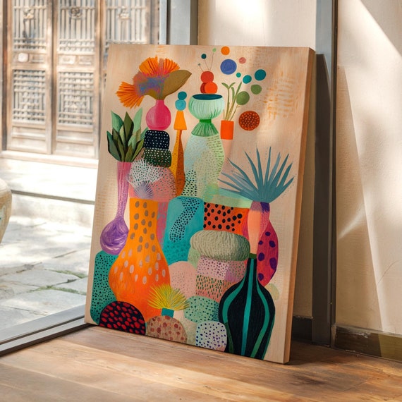 Abstract Vase And Botanical Composition Colorful Modern Artwork With Textured Patterns For Bold Home Decor Wall Art Print