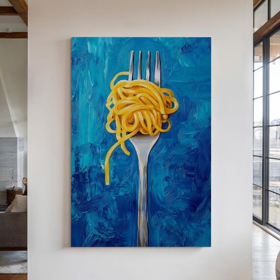 Vibrant Oil Painting Of Golden Spaghetti Twirled On A Fork Against A Textured Blue Background A Modern Food Art Composition