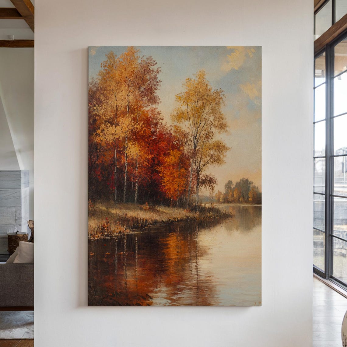 Rustic Autumn River Landscape, Fall Trees Reflected On Water - Image 4