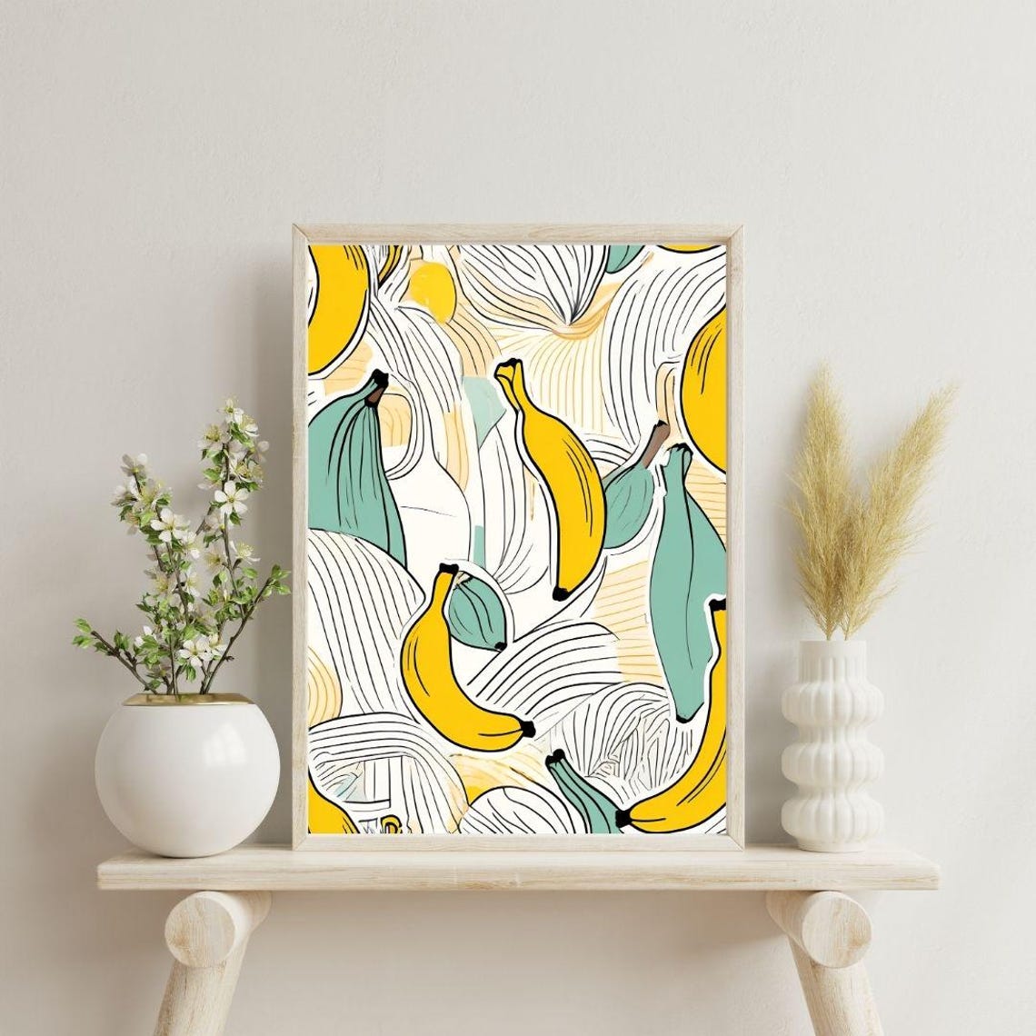 Banana Line Art Illustration Yellow Fruit Pattern Minimalist Wall Art