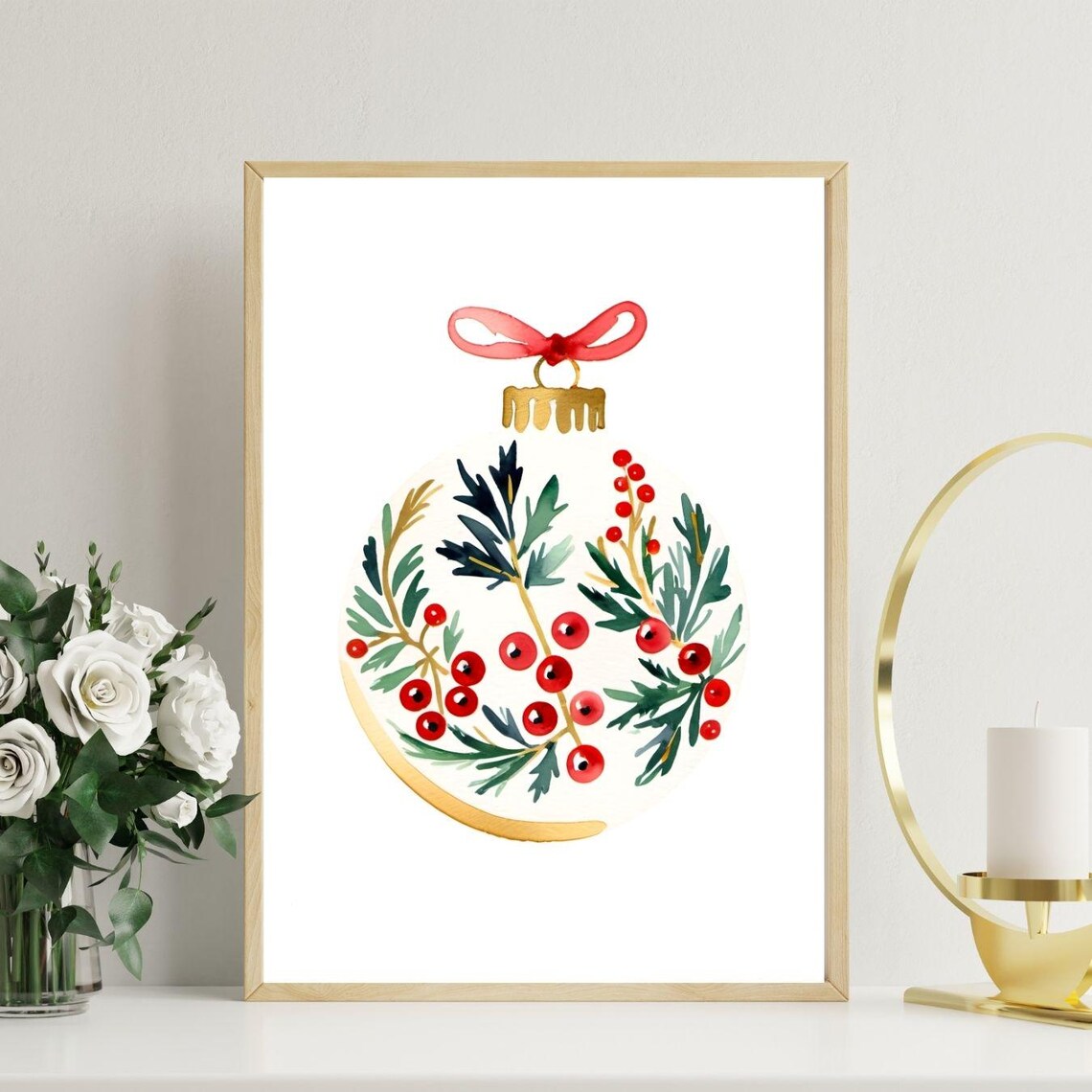 Christmas Ornament Watercolor Holly Berry Bauble Red Holiday Wall Art - Image 2