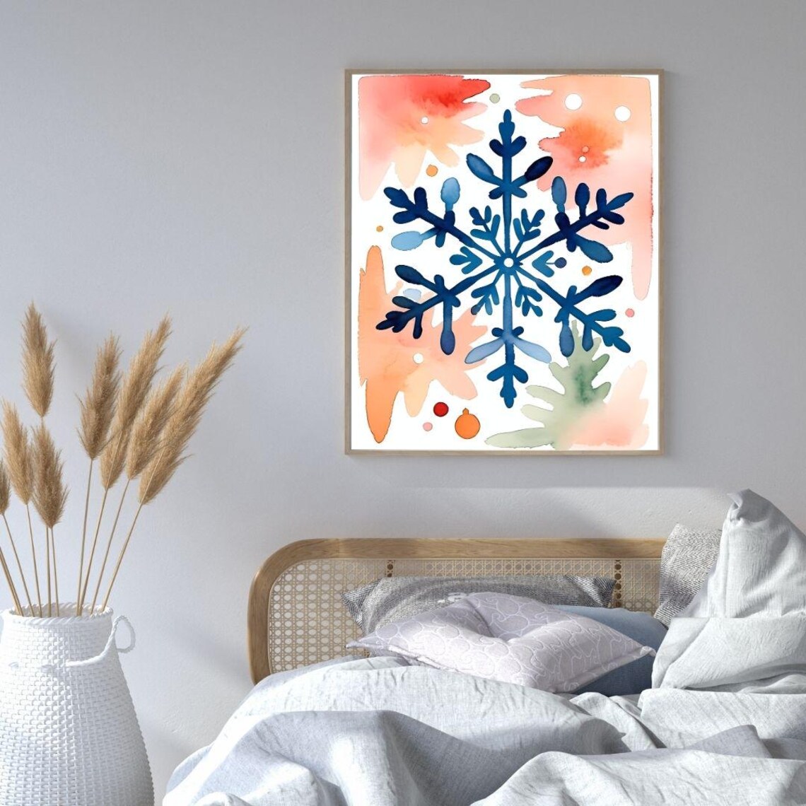 Navy Snowflake Watercolor Coral Background Christmas Holiday Wall Art - Image 4