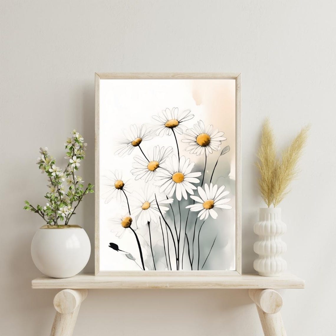 White Daisy Meadow Minimalist Botanical Watercolor Floral Wall Art