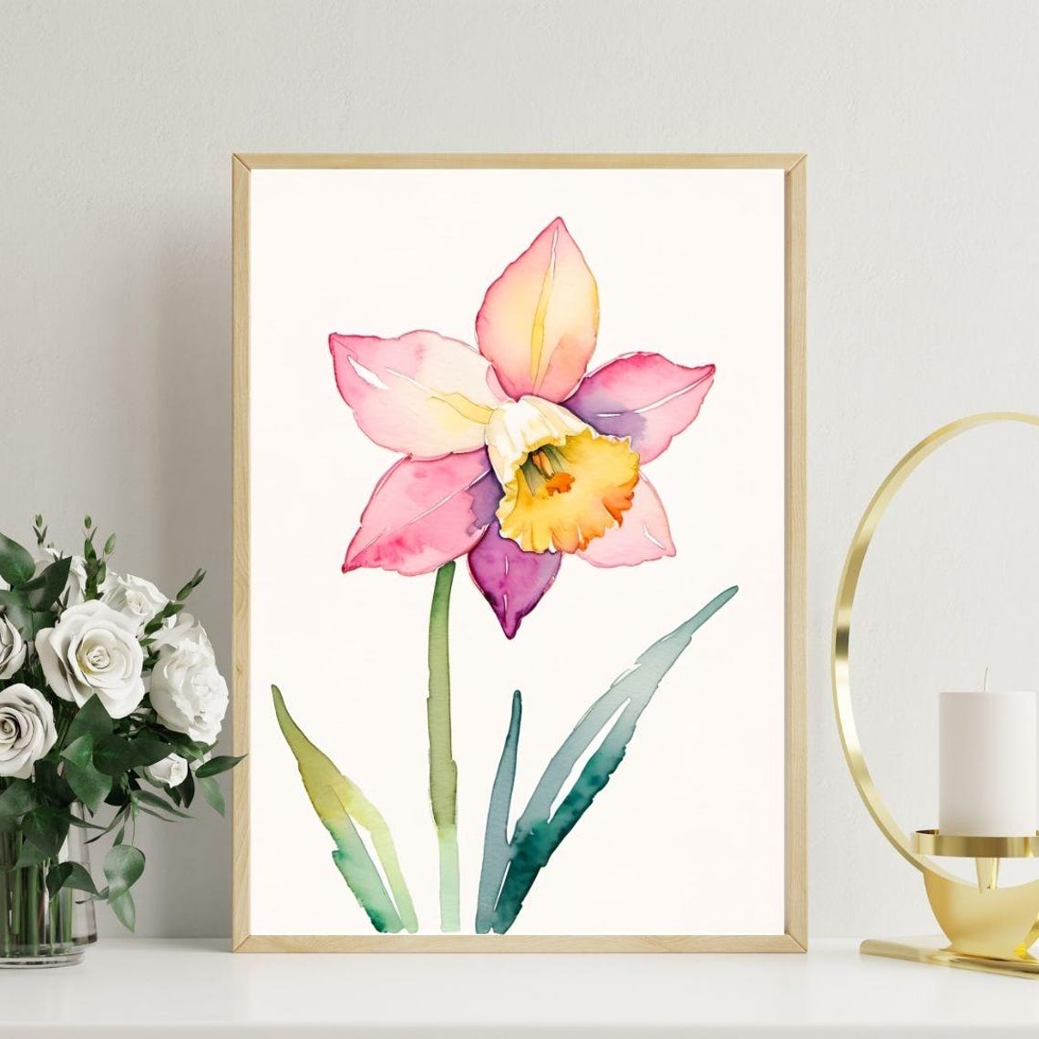 Pink Daffodil Watercolor Single Bloom Spring Minimalist Wall Art Print - Image 2