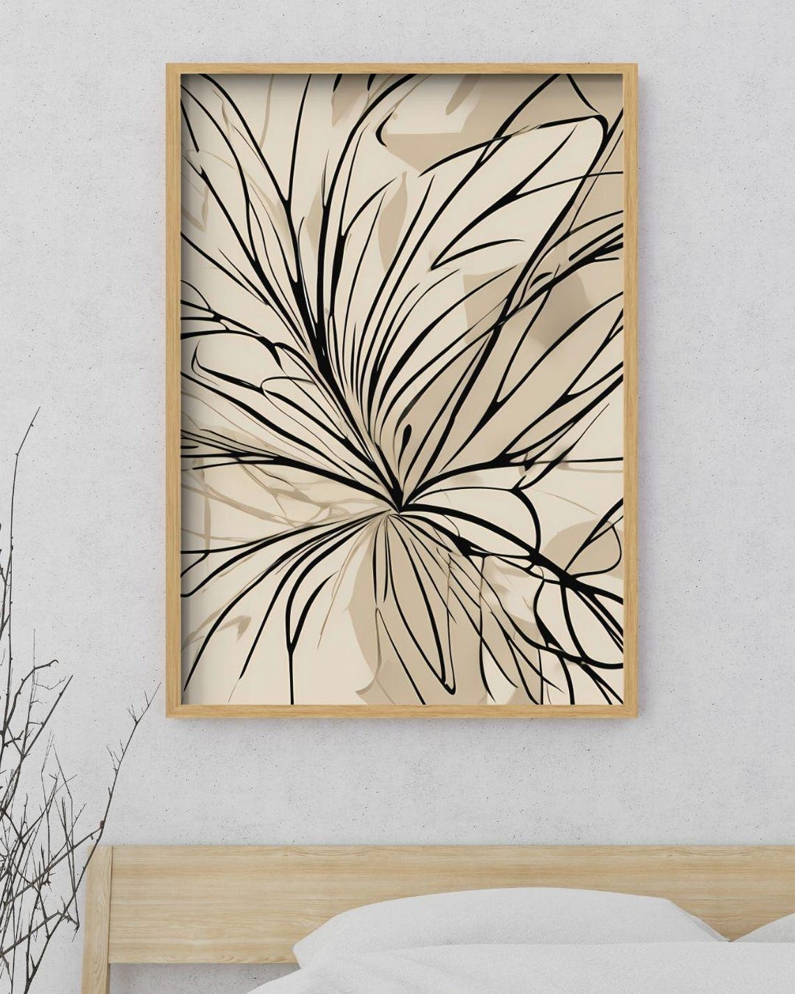 Black Line Palm Frond Abstract Beige Minimalist Modern Art Print - Image 4
