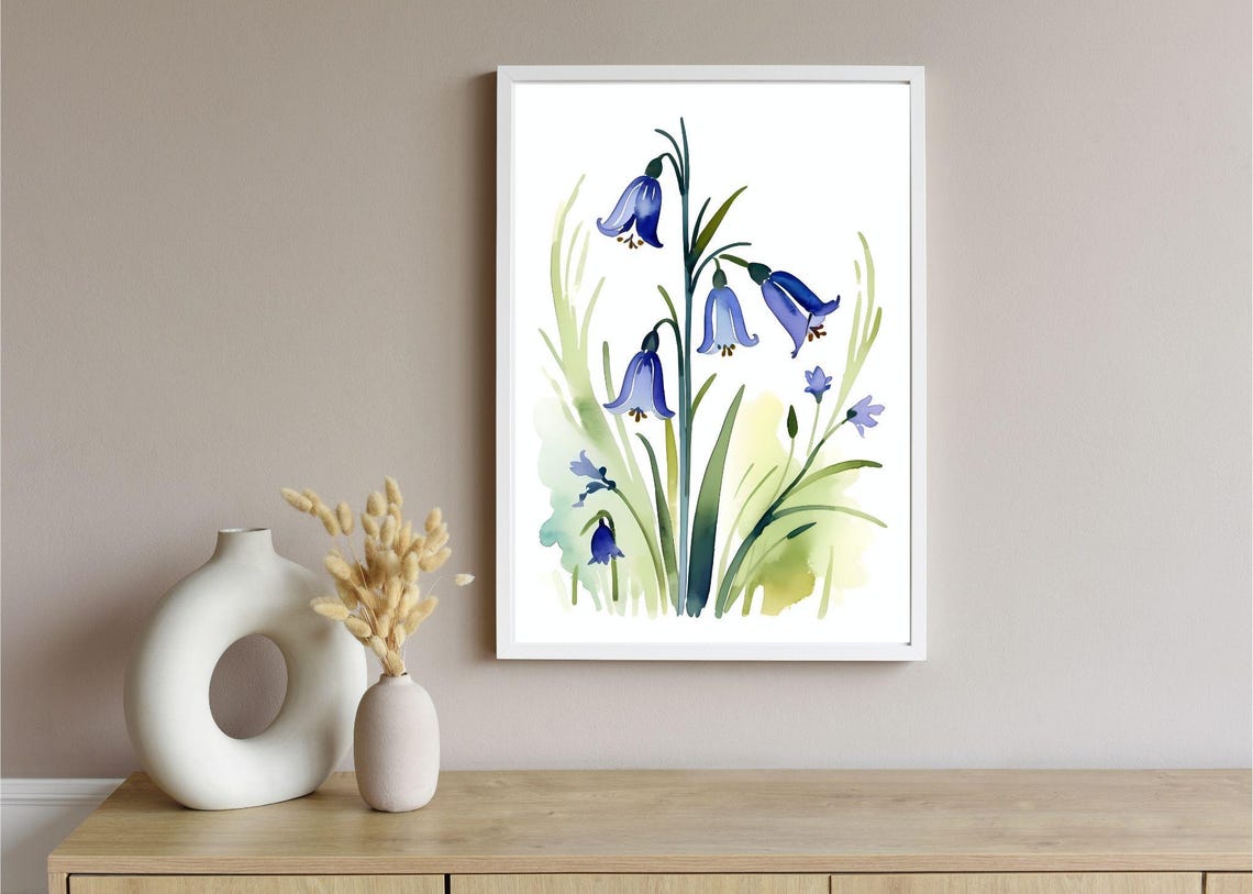 Blue Bluebell Flowers Watercolor Botanical Minimalist Wall Art - Image 5