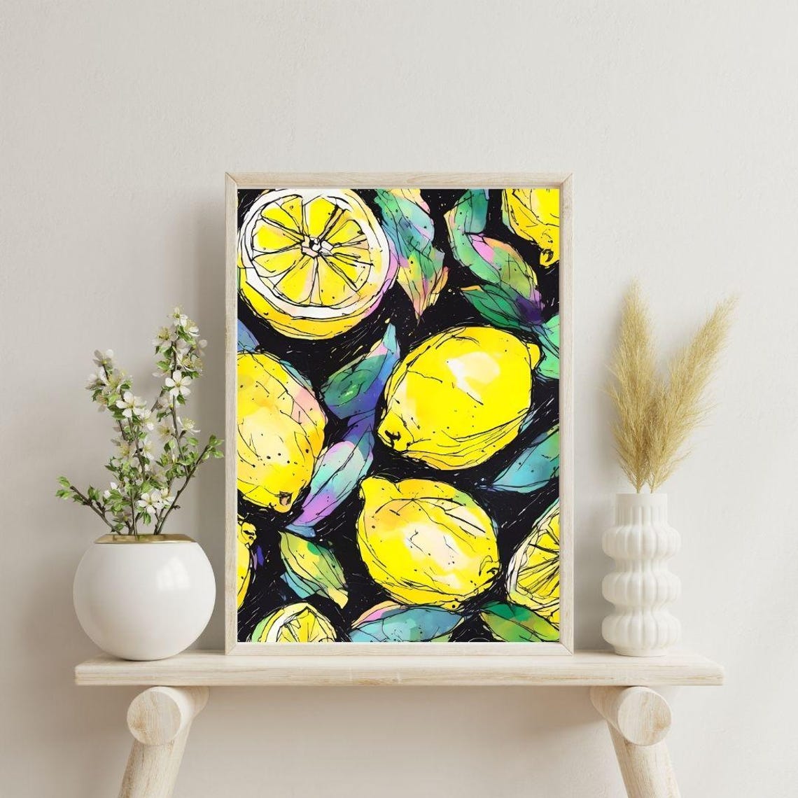 Yellow Lemon Watercolor Sketch Black Background Bold Citrus Art Print