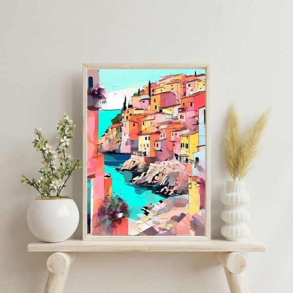 Italian Seaside Village Colorful Cliffside Houses Coastal Travel Poster