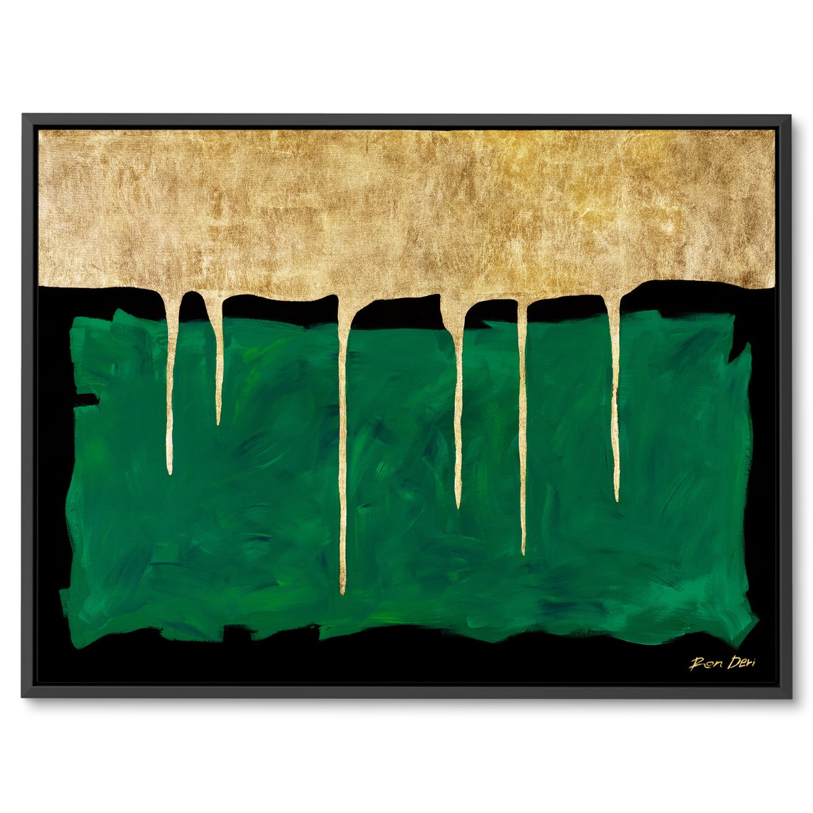 Gold Drip Over Emerald Green Abstract Painting By Ron Deri Poster - Image 3